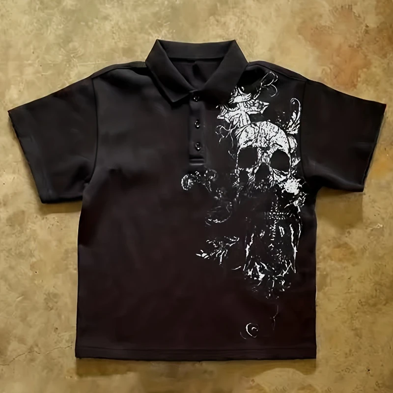 Vintage Totenkopf-Muster Y2K Poloshirt |   Retro-amerikanischer Streetstyle, Kurzarm, lockere Passform, normale Länge, Knopfleiste, ganzjährig tragbar