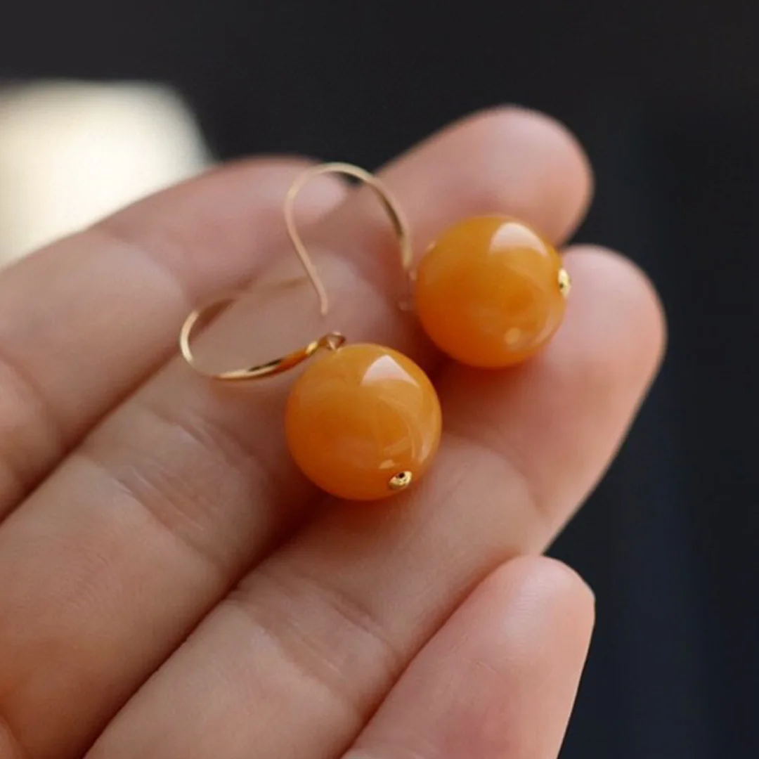 18K Gold Hook Natural Old Honey Amber Drop Earrings,Full‑Beeswax Round Ball Dangle Earrings, Vintage Jewelry Gift for Women