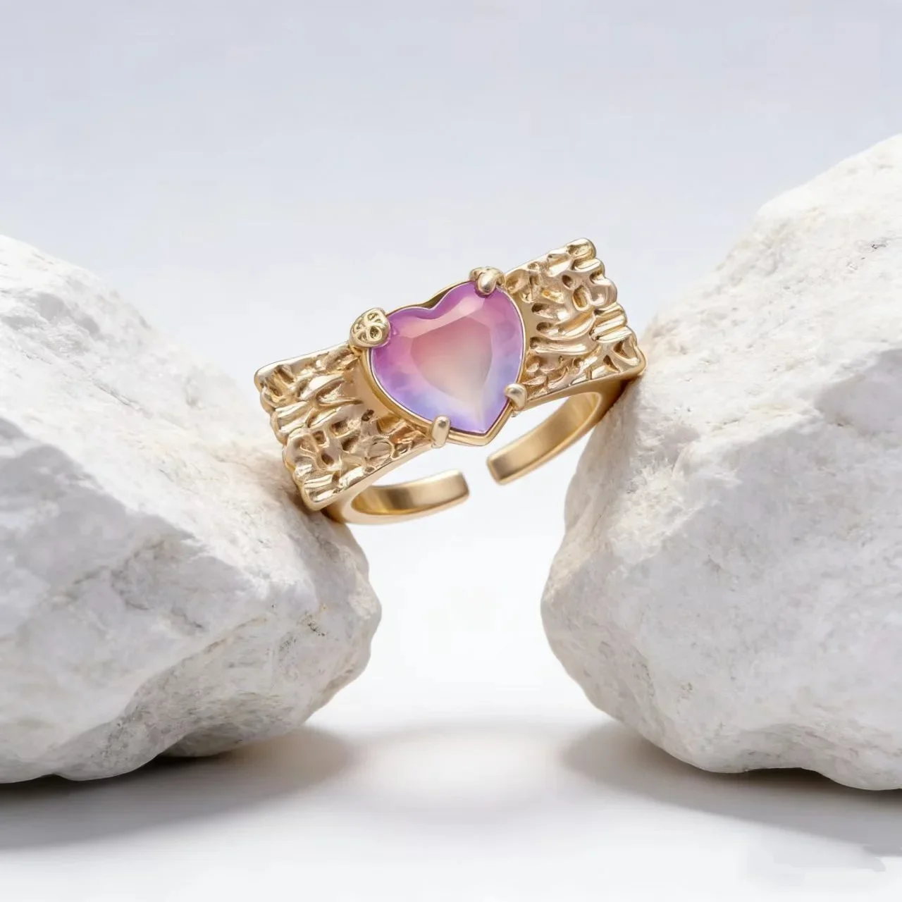 Women's Adjustable Open Copper Plated 18K Gold Ring Textured Rectangular Top Colorful Heart Gemstone Jewelry for Daily Wear Gift