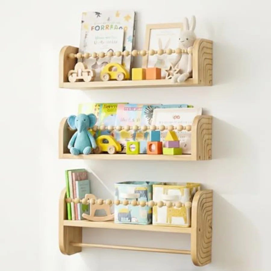 

Floating Nursery Shelves - Set of 3 Natural Wood Wall-Mounted Bookshelves for Room Baby Room Nursery Decor - 15.7" Wide Solid W
