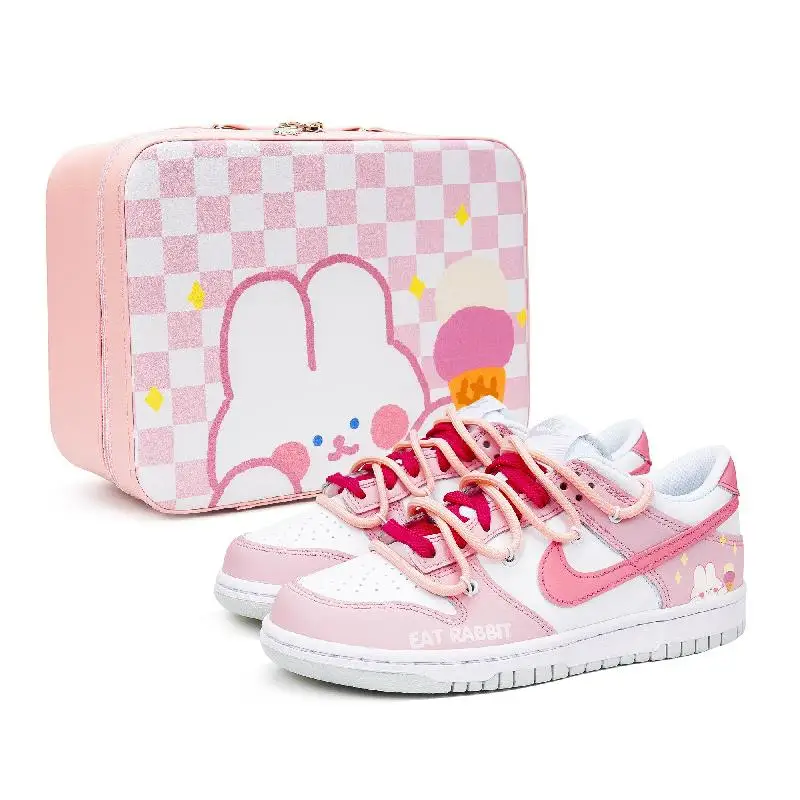 

[Custom Ice cream cone rabbit rose powder]Nike Dunk Skateboard Shoes Women's Low-Top Pink White
