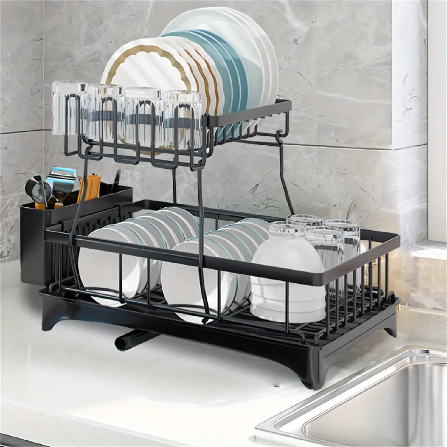 Stainless Steel Large Dish Drainer with 2 Tier Utensil Rack and Drain Board, Black Kitchen Accessories