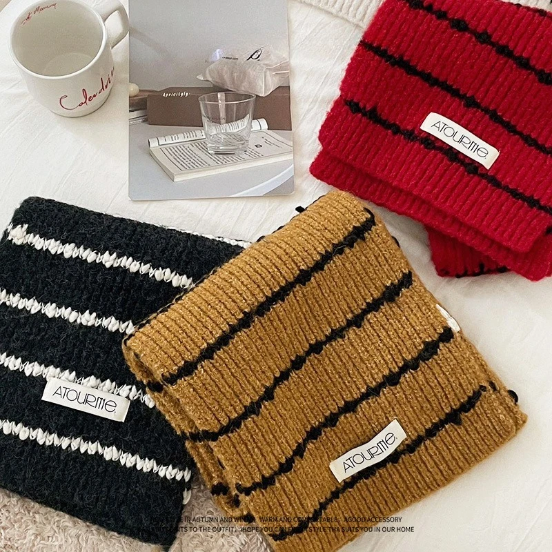 Retro Japanese Korean Knit Scarf 100 Wool New Luxury Striped Scarf Women Autumn Winter
