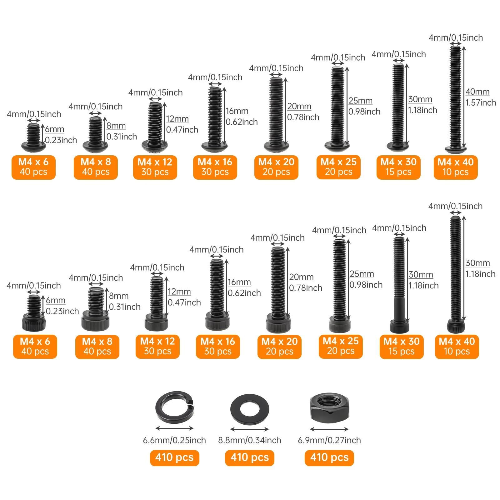 1640 pcs Zinc Plated M4-0.7 x 6/8/12/16/20/25/ 30/40 mm Hex Socket Button & Cap Head Bolts Nut and Washers Assortment