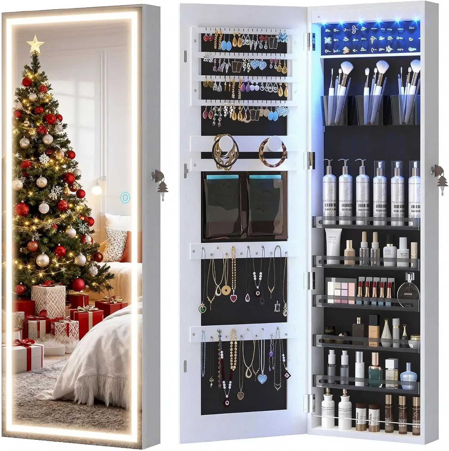 Door Hanging LED Mirror Cabinet, Wall Mounted Jewellery Organiser Armoire, Full Length Lighted Mirror With Jewellery Storage, 3