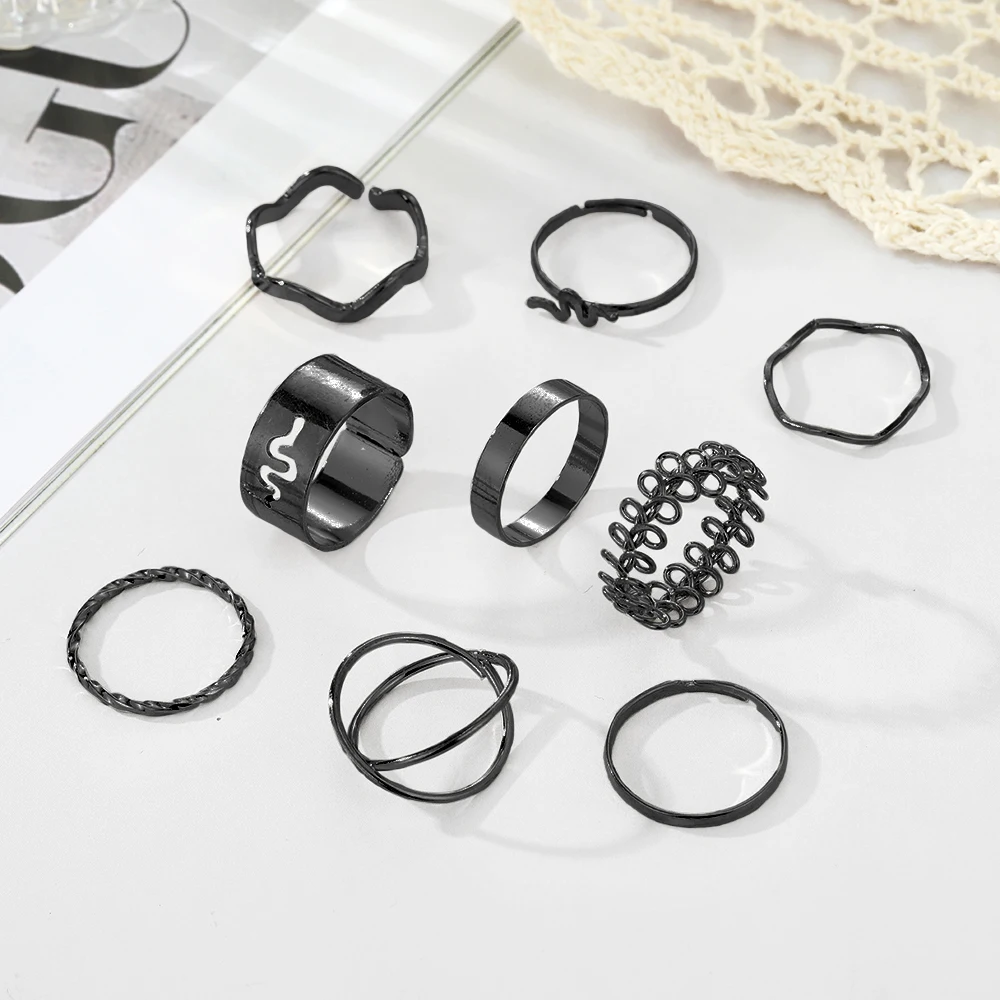 FNIO Punk Hip Hop Black Hollow Round Ring Set For Women Men Simple Personality Joint Finger Rings Gothic Jewelry Gift