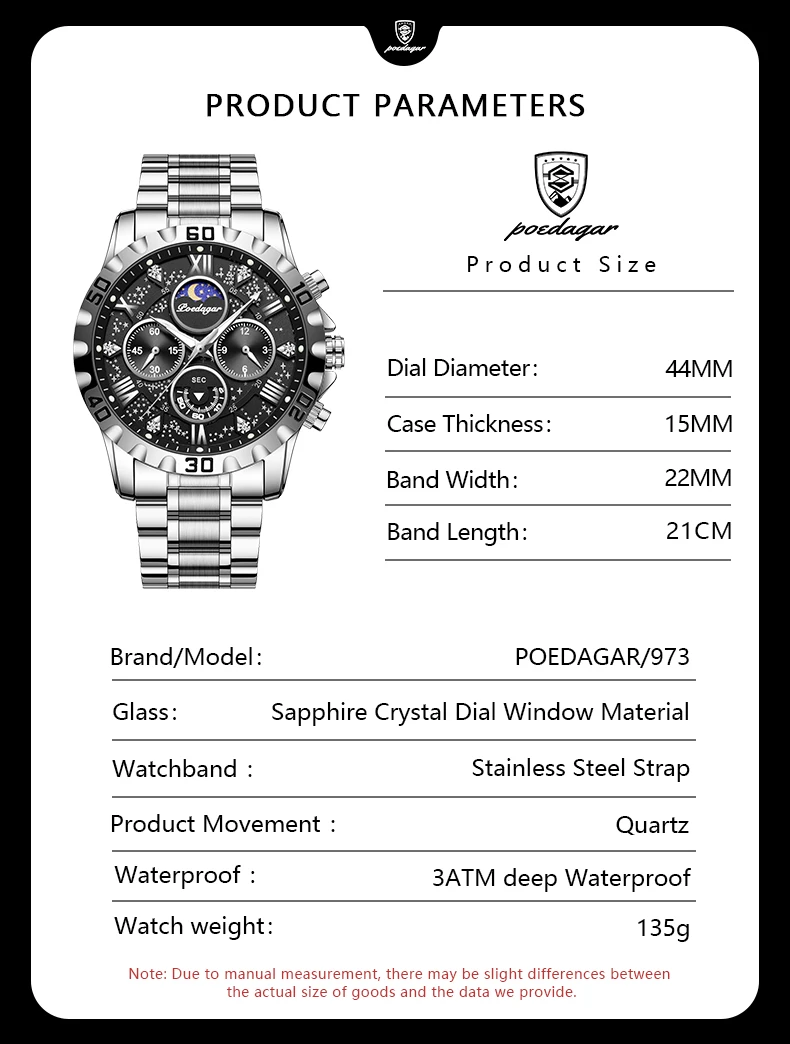 POEDAGAR Luxus Mann Uhr Wasserdicht Leucht Edelstahl Quarz herren Armbanduhr Chronograph Militär Uhren Für Männer Reloj – Detail 10