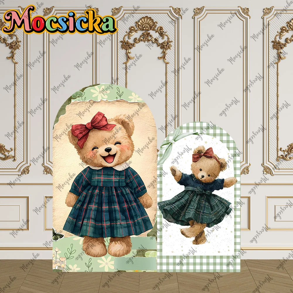 Mocsicka 2-seitige Bogenabdeckung mit niedlichem Bären-Motiv, karierte Leinwand-Dekoration, Hintergrundwand für Kuchenzeremonie, Babyparty, Kindergeburtstag, Foto-Requisite