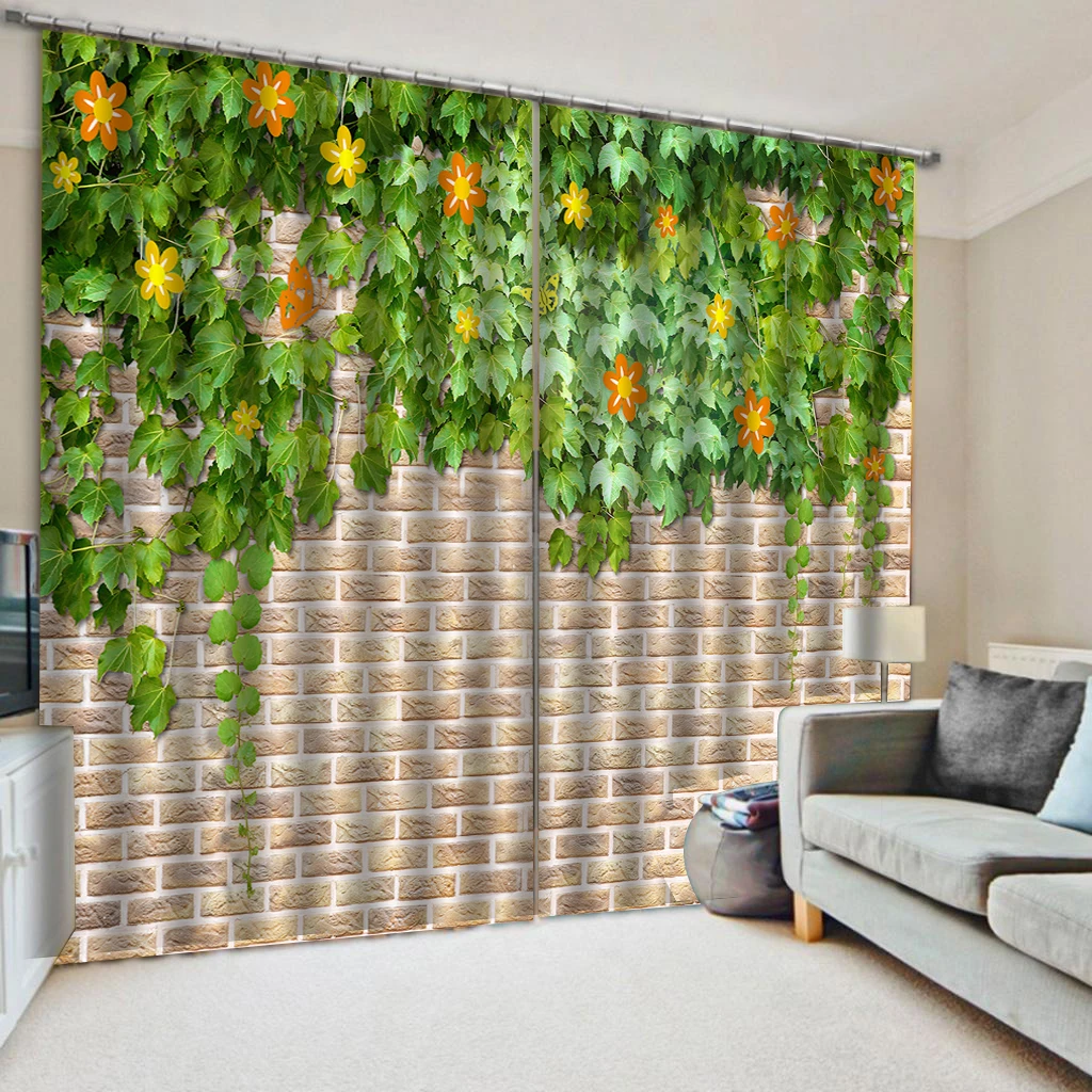 Beautiful Photo Fashion Customized 3D Curtains brown brick green leaf curtains blackout curtains