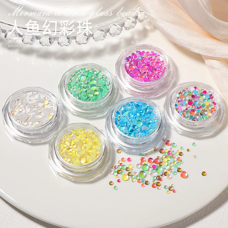 New Mermaid Bubble Bead Nail Decoration Mocha Aurora Illusion Color Glass Diamond Size Mixed Nail Accessories