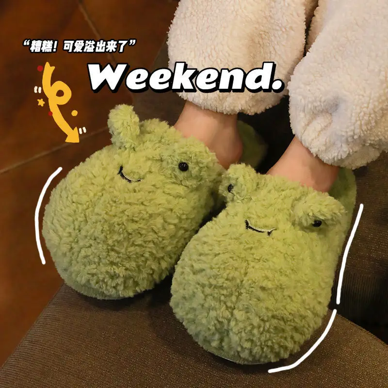 Animal Green SlippersWinter Cartoon Cute Room Shoes Home Couple Slippers Cute Frog Shoes Dormitory Non Slip Warm Cotton Slippers