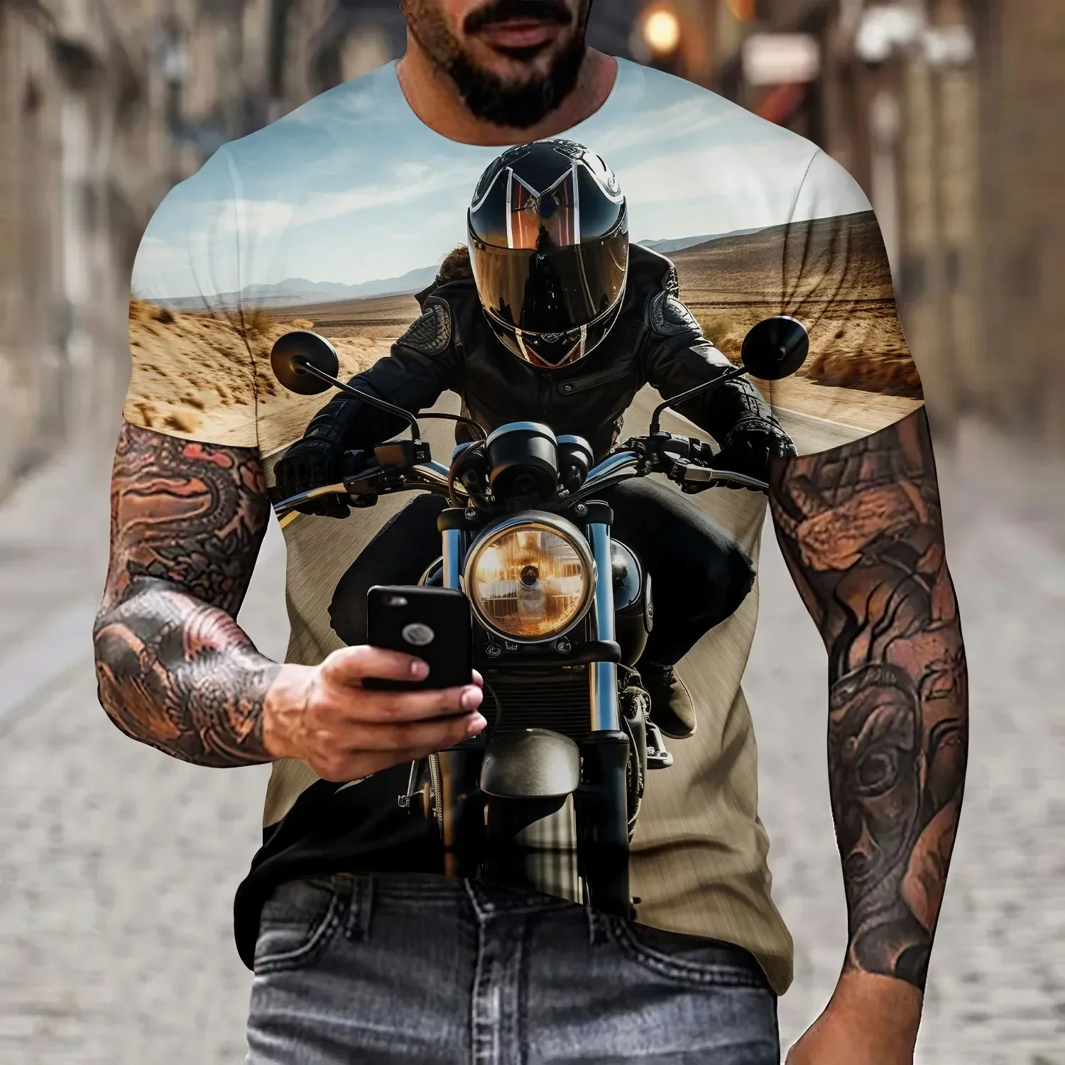 Men's New 3D Motorcycle Printed Crew-neck T-shirt Creative and Handsome Street Bike Race Crew-neck Short Sleeve