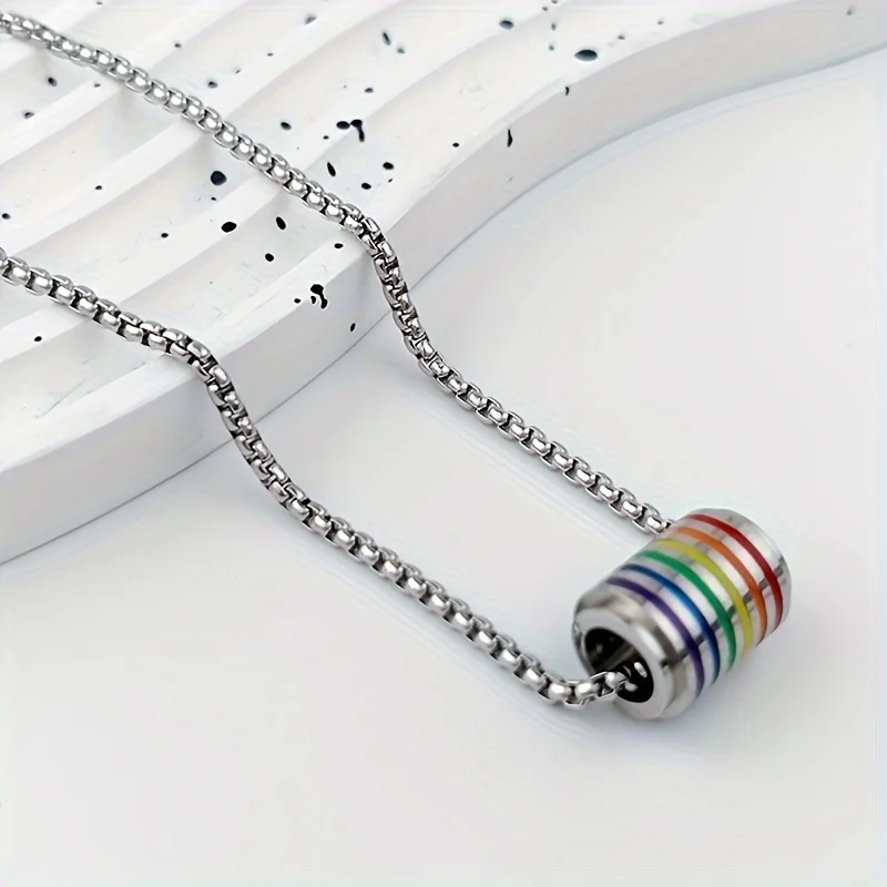 Hip Hop Enamel Rainbow Bead Charm Necklace Stainless Steel Box Chain Necklaces LGBT Pride Jewelry