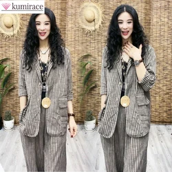 Spring women's 2022 new Korean elegant women's Pants Set long sleeve retro stripe coat Harlan trousers Set two-piece set