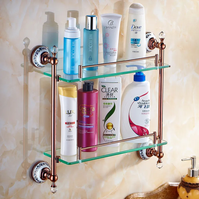 VidricShelves Double Tempered Glass Shelf Solid Brass Golden Shower Rack Wall Mount Bath Shampoo Cosmetic Storage Holder 6314