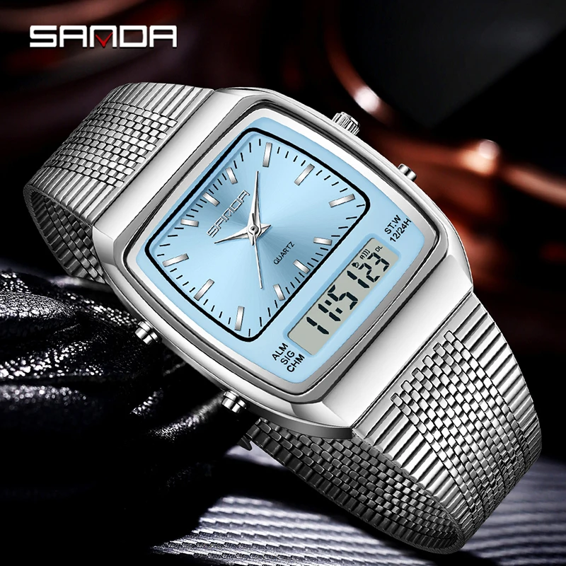 SANDA 3393 Men's Electronic Quartz Watch Fashion Multifunction Dual Display Clock Luminous Waterproof Casual Men Digital Watches
