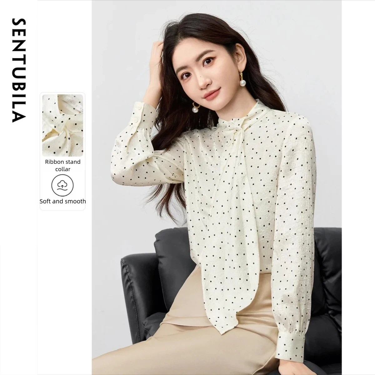 

SENTUBILA Blouse for Women Autumn Polka Dot Print Long Sleeve Shirt Bow Tie Bow Snow-Soft Gauze Lady Office Tops 153VC1943