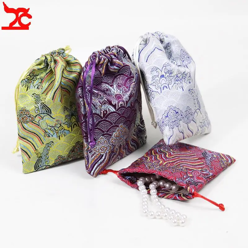 12pcs Vintage Chinese Brocade Drawstring Pouch Wave Pattern Silk Jewelry Gift Bag Small Storage Sack for Necklace Bracelet