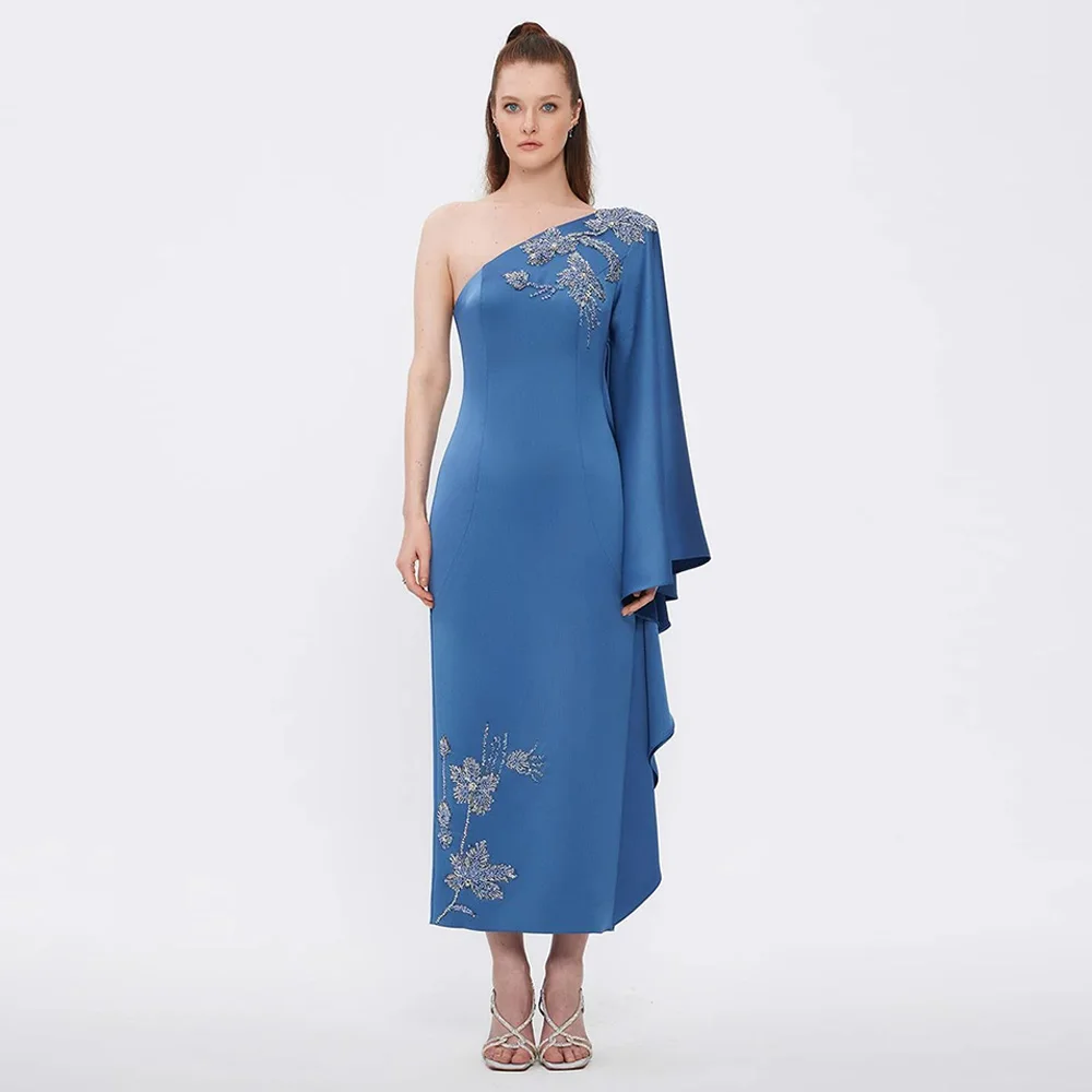 

Sexy Cocktail Party Dresses Customized One Shoulder Long Sleeve Beading Sequined Applique Saudi Arabian Evening Dress