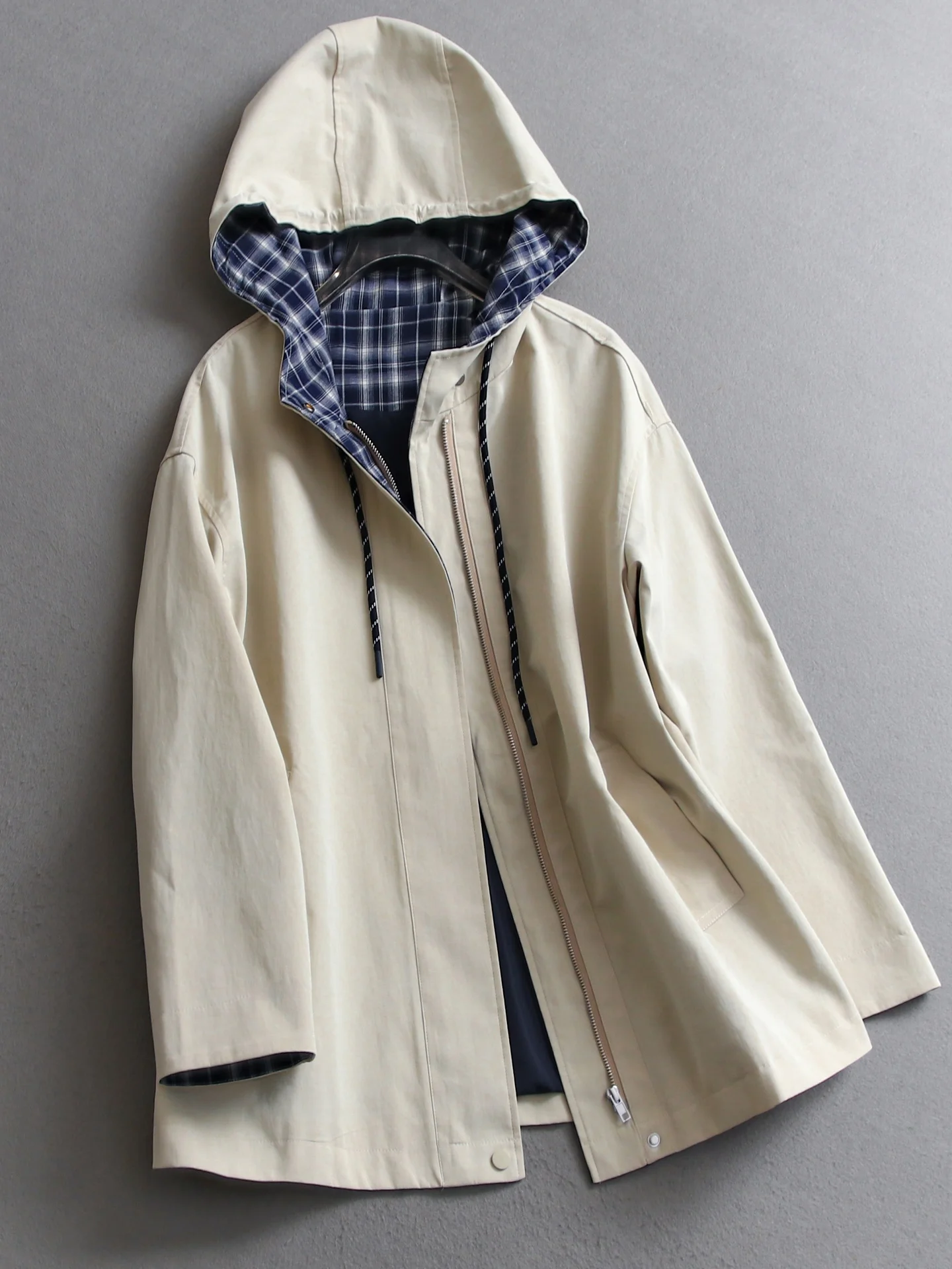 

Color Block Plaid Hooded Mid-Length Loose Slimming Coat 2025 Autumn New Long Sleeve Women's Windbreaker V523 Polyester Fiber