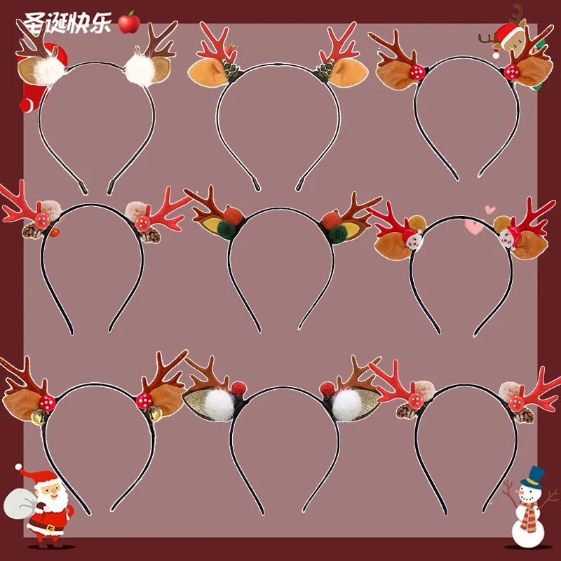 Christmas Headband Reindeer Antlers Horn Flower Hair Band Clasp Headwear for Kids Adult New Year Party Halloween Cosplay