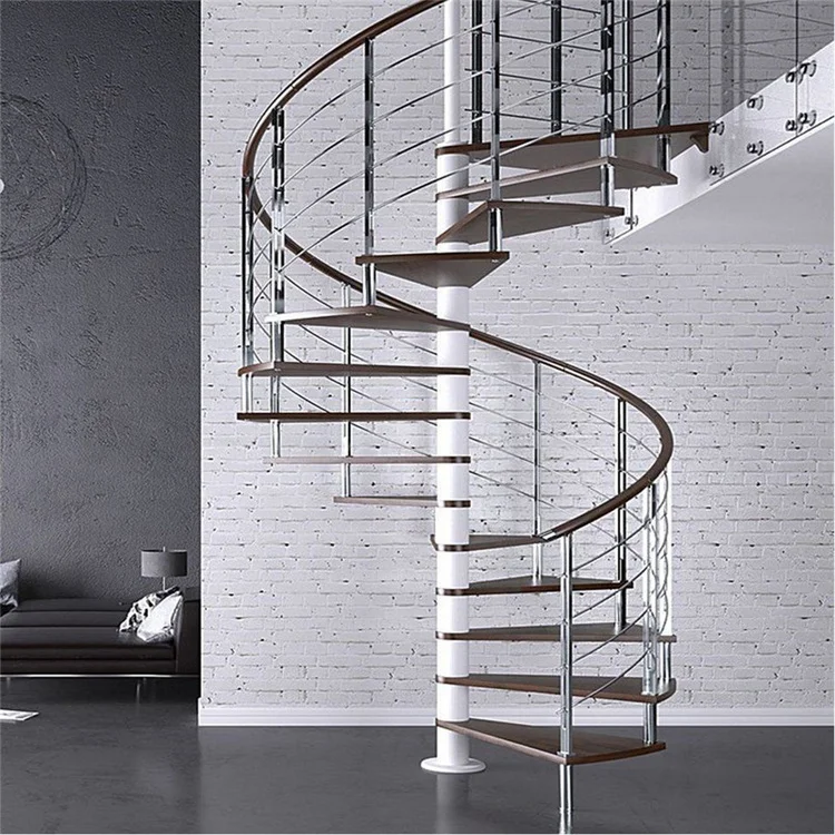 Modern Indoor Use Central Round Stringer Wood Stairs Treads with Glass Railing Attic Spiral Staircase