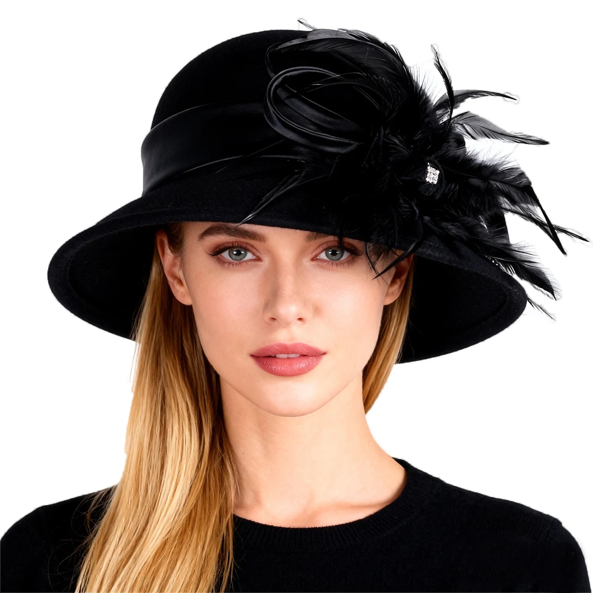 Women's Black Wool Felt Cloche Hat with Bow And Feather Rhinestone Winter Formal Church Tea Party Dress Cocktail Bucket Hats