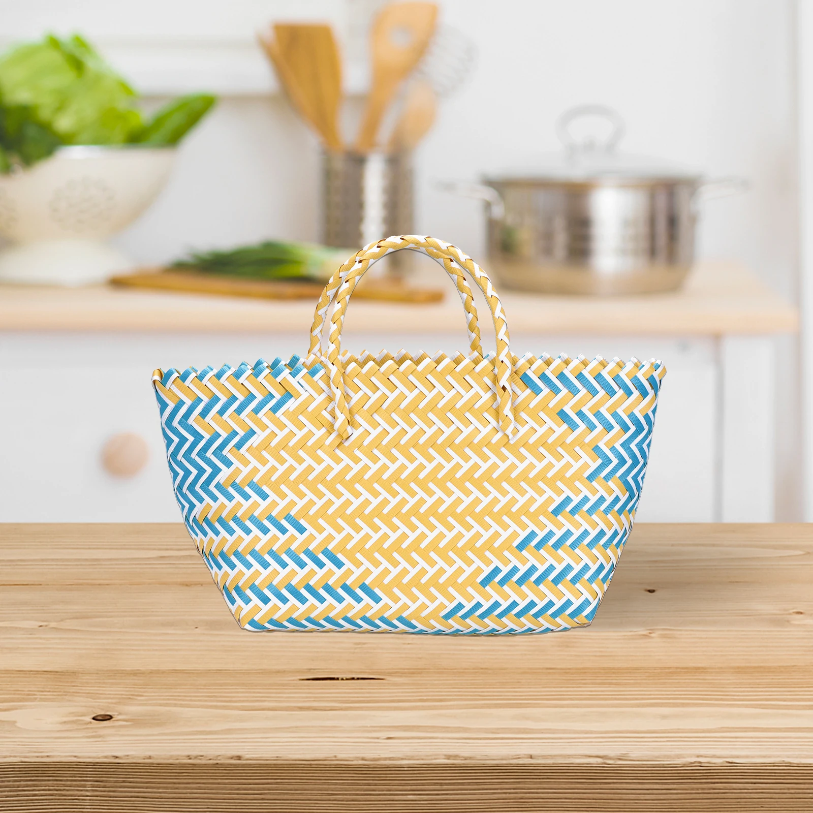 

1pc Stylish Hand-Knitted Women's Bag Striped Weave Plastic Large Capacity Cylindrical Shoulder Strap Reusable for Daily
