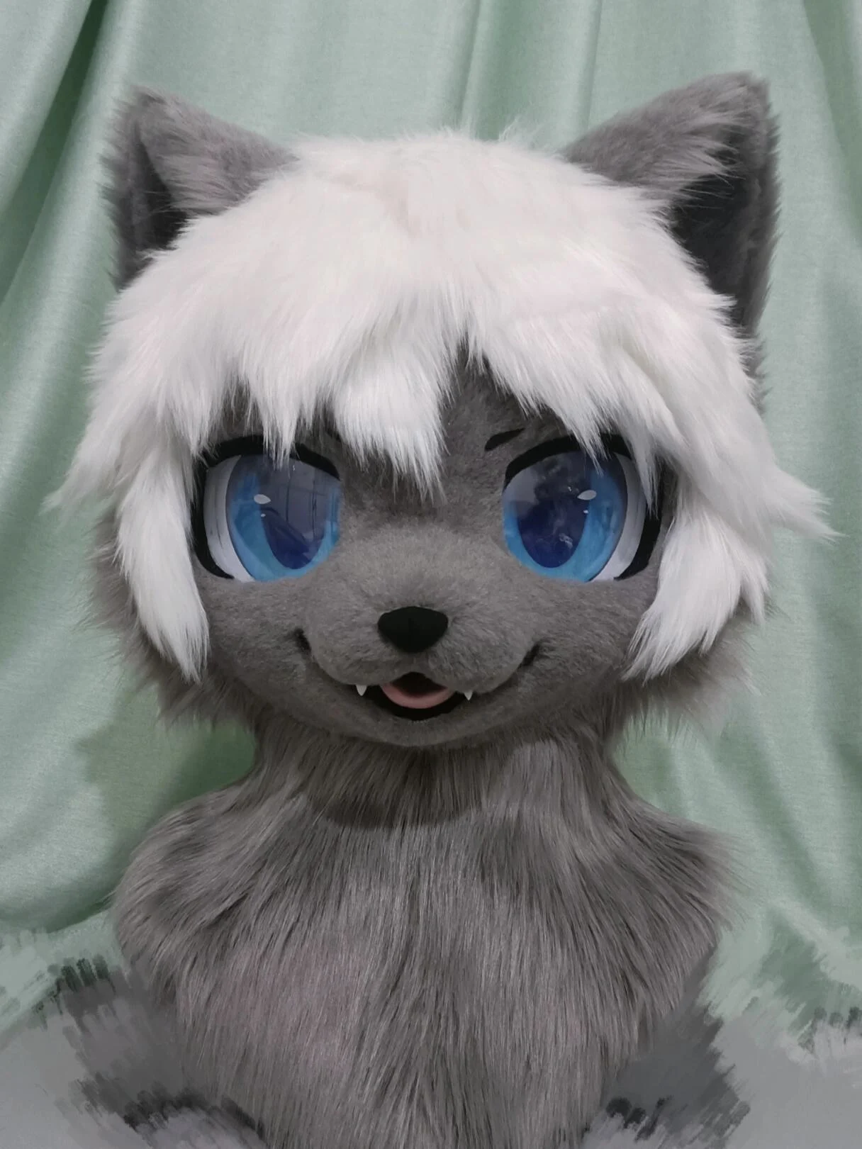 

Long coat plush outfit featuring a Christmas bouncy dog character play-dog in the form of a husky, wearing a cat mascot characte