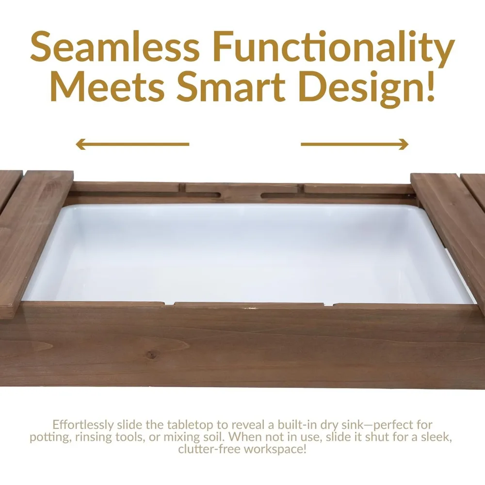 Garten-Topfbank mit Rädern und Waschbecken – Topftisch für den Außenbereich – Gartentisch mit Pflanzstation und Haken – Braun