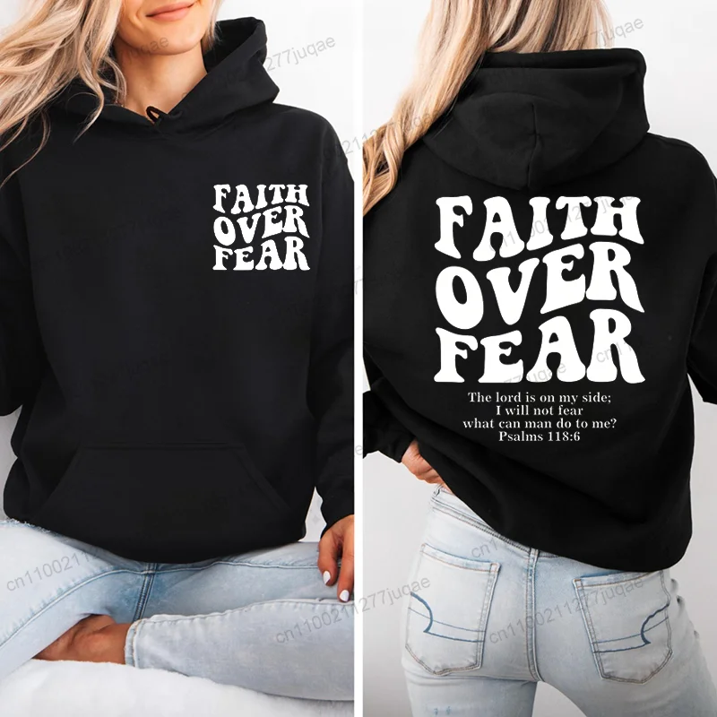 Geloof Over Angst Print Sweatshirt Vrouwen Harajuku Casual Losse Capuchon Bijbelvers Jezus Mode Hoodies Herfst Warme Vrouwelijke Kleding