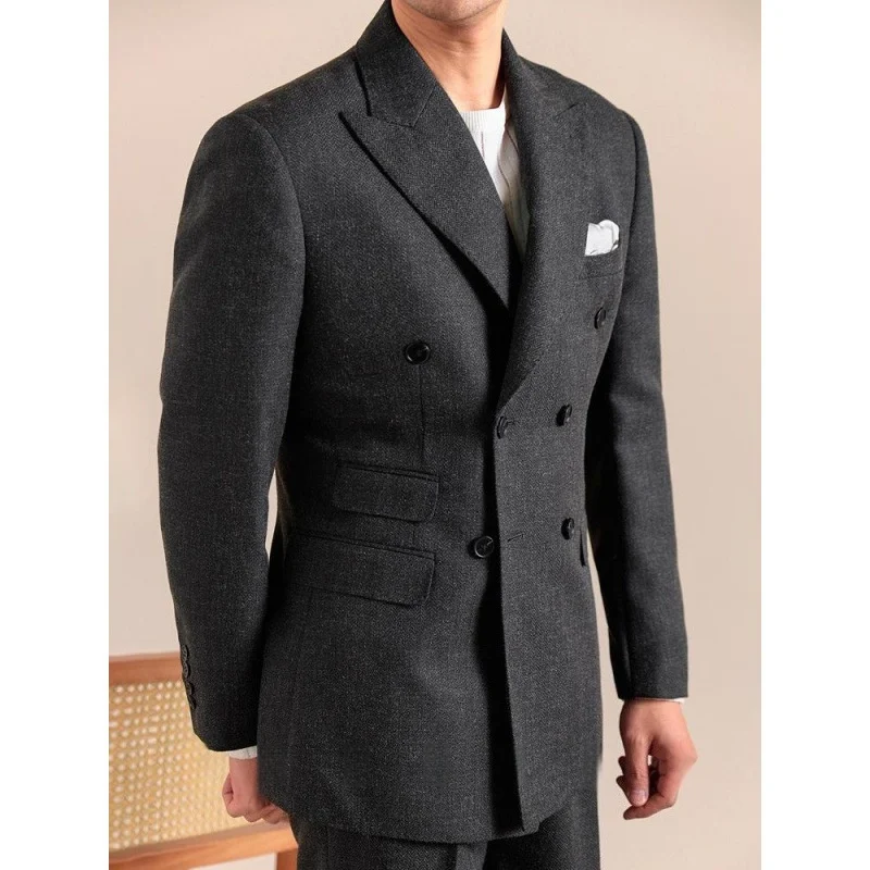 

Herringbone Men's Suits Man Pants Peak Lapel Double Breasted Slim Elegant Men Suit Casual Business Adult Male Costume Autumn New