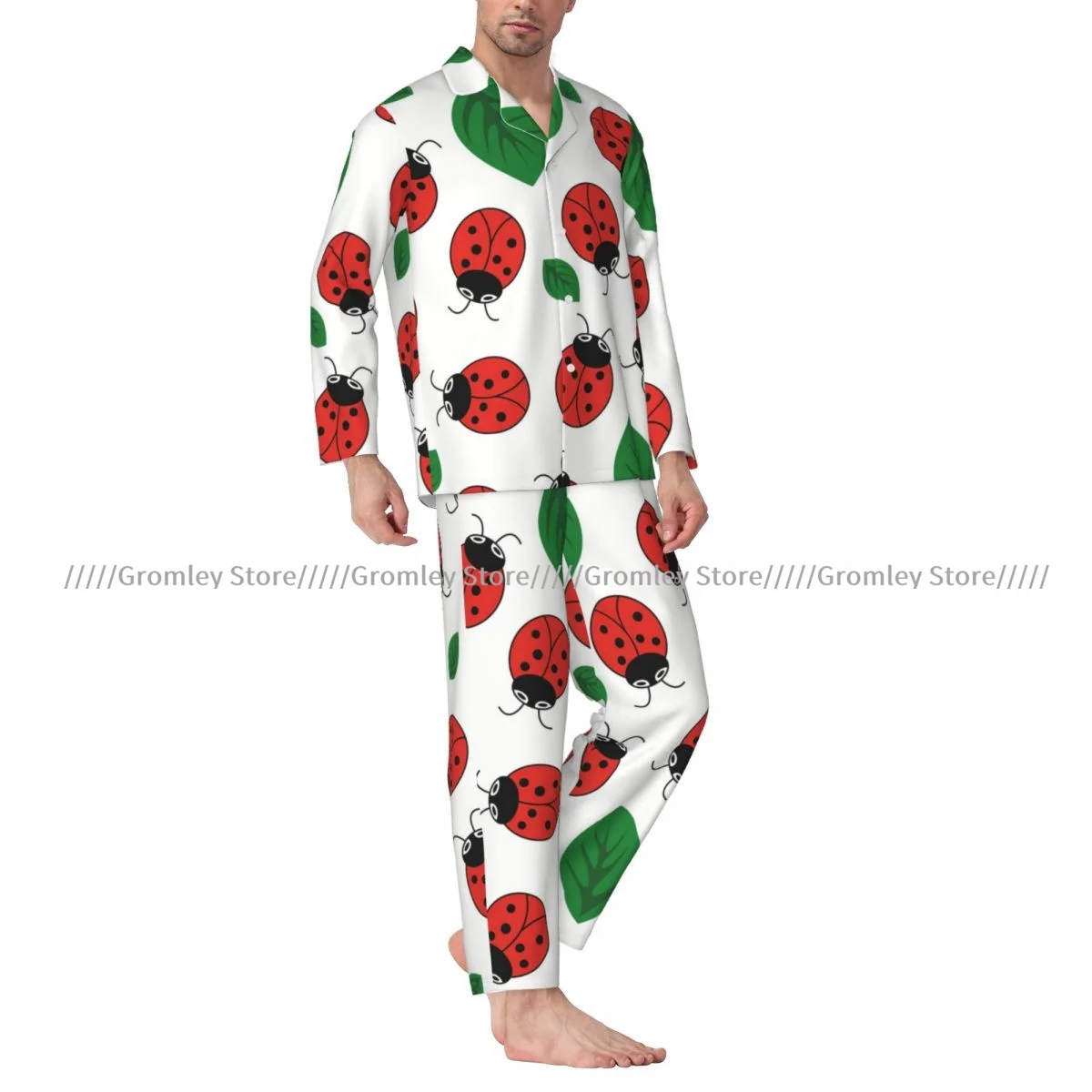 Men Pajama Sets Ladybug With Leaves Sleepwear Long Sleeve Nightwear Male Homewear