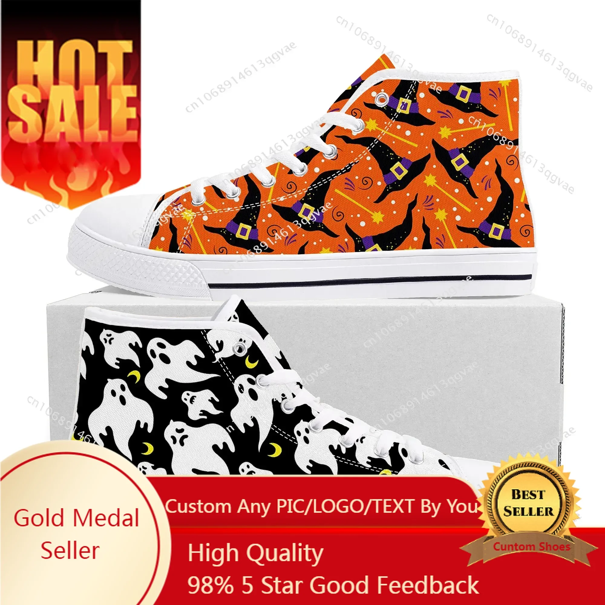 

Halloween Pumpkin High Top Sneakers Mens Womens Teenager Canvas Sneaker Casual Couple Shoes Custom Made Shoe White