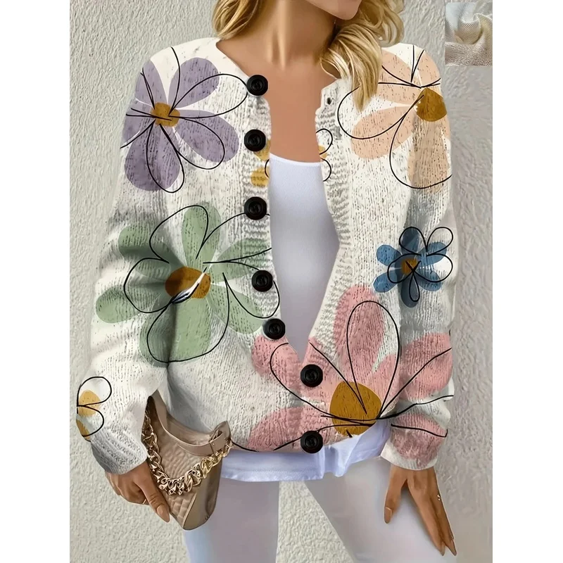 Fashionable 3D Print Round Neck Open Cardigan Knitted Women's Outerwear Sweater Vest Autumn Hot Sale Cross-Border New Style