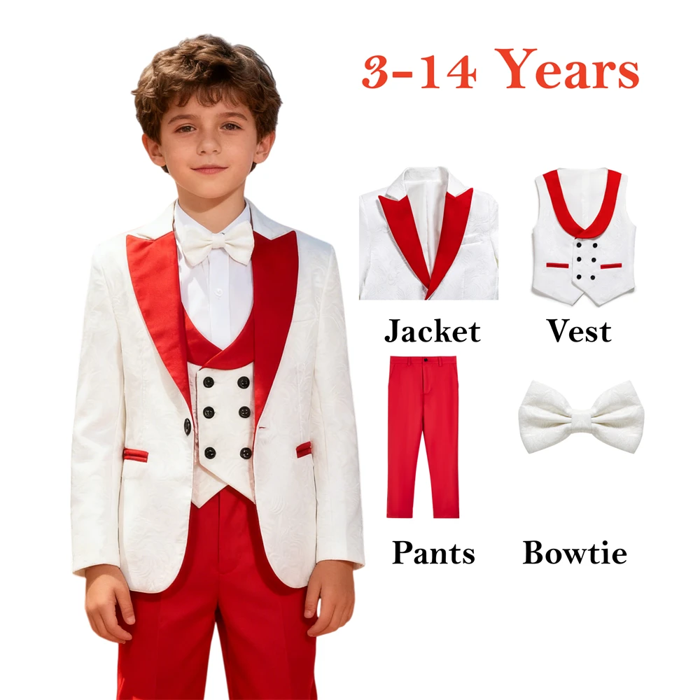 Red Paisley Suit Set for Children, Wedding Ring Bearer Tuxedo, 4 Pieces (Jacket Vest Pants Bowtie) Boy's Prom Suit Attire