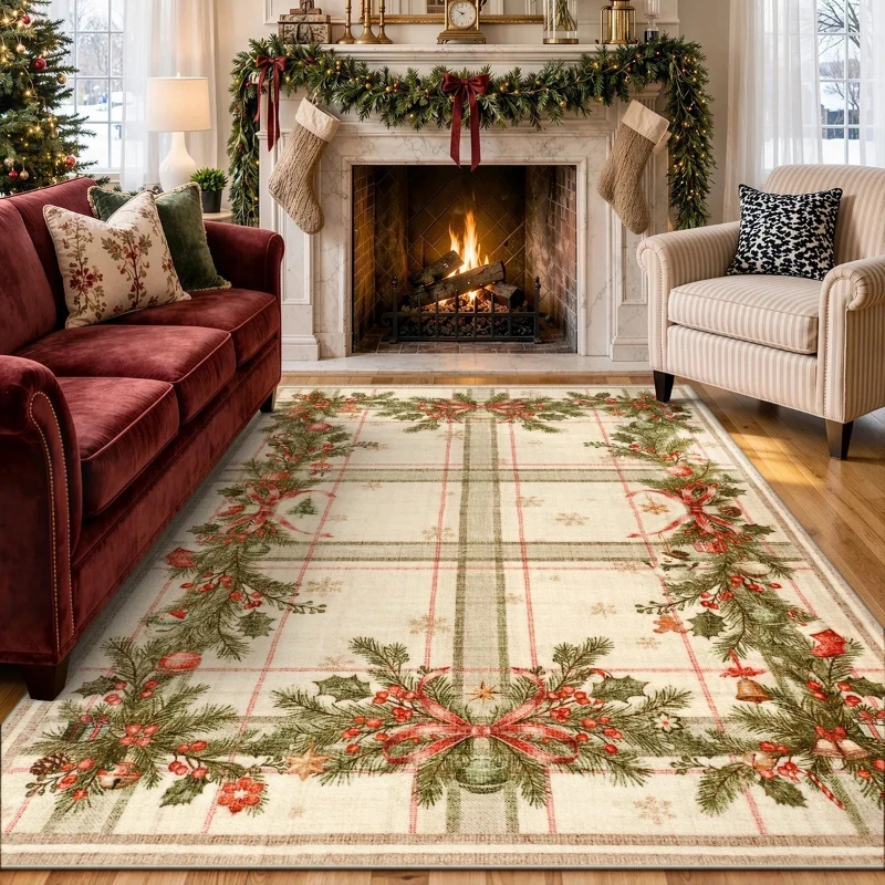 Large Living Room Carpet Non-slip Machine Washable Floor Mat Christmas Plaid and Pine Garland Red Rug Home Decoration Rugs Ковер