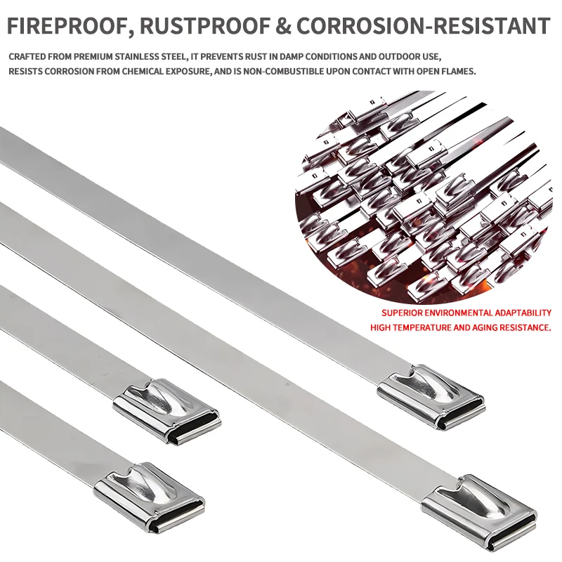 ربطات كابل من الفولاذ المقاوم للصدأ مقاس 7.9 مم 304، أربطة بسحاب معدنية شديدة التحمل ذاتية القفل لأسلاك صينية الكابلات الخارجية #5