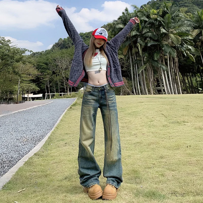 

Autumn and Winter New American High Street Straight Wide Leg Jeans Retro Distressed Loose Casual Jeans