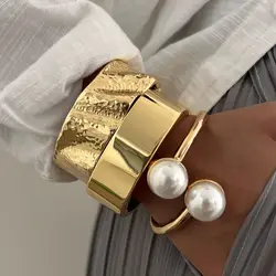 DIEZI 3 Style Hip Hop Pearl Geometric Heavy Metal Cuff Bangles Punk Gold Silver Color Spring Bangles For Women Bracelets Men