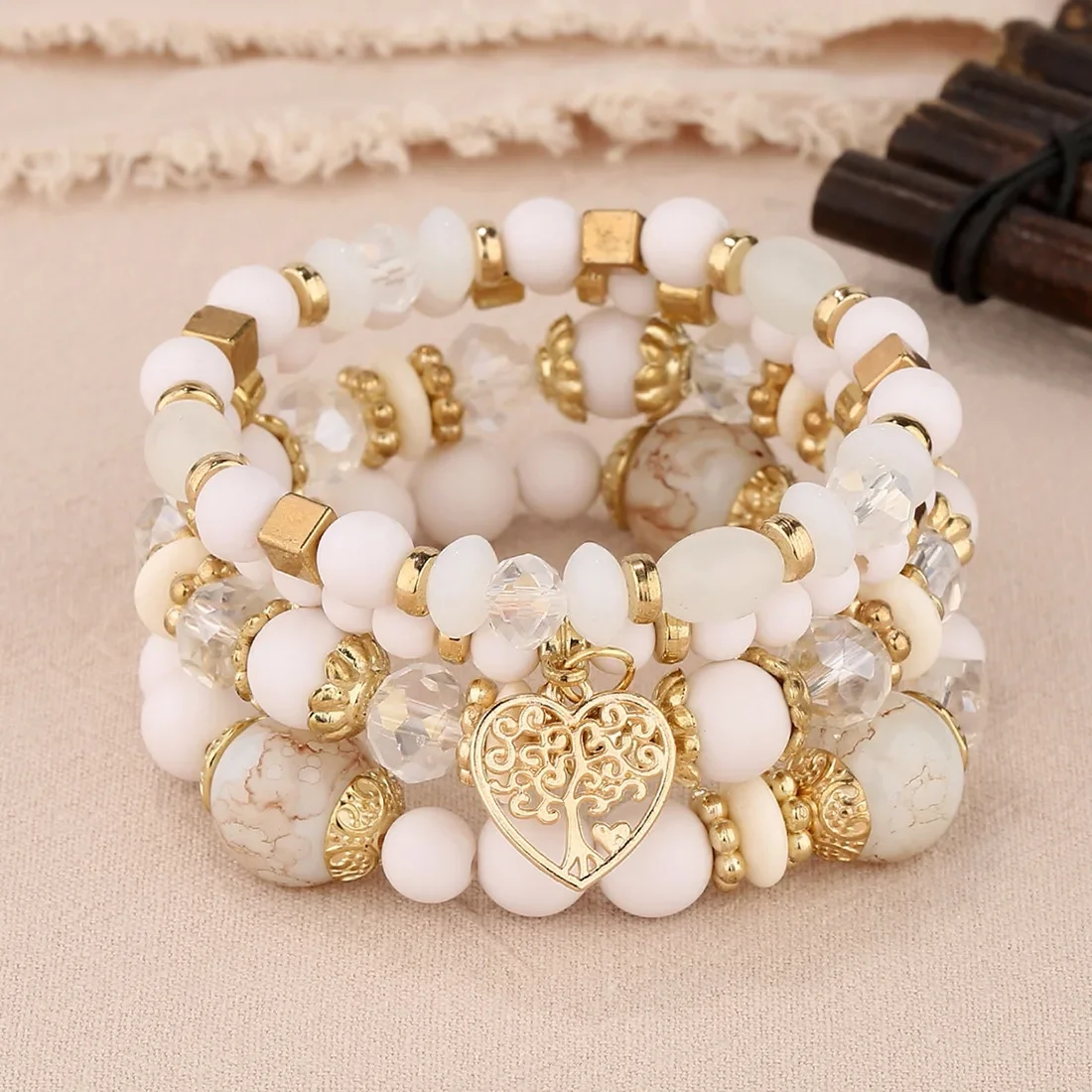 4Pcs Acrylic Beads Chain Bracelet Set For Women Tree Of Life Charm Elastic Bangle Female Bohemian Jewelry Accessories