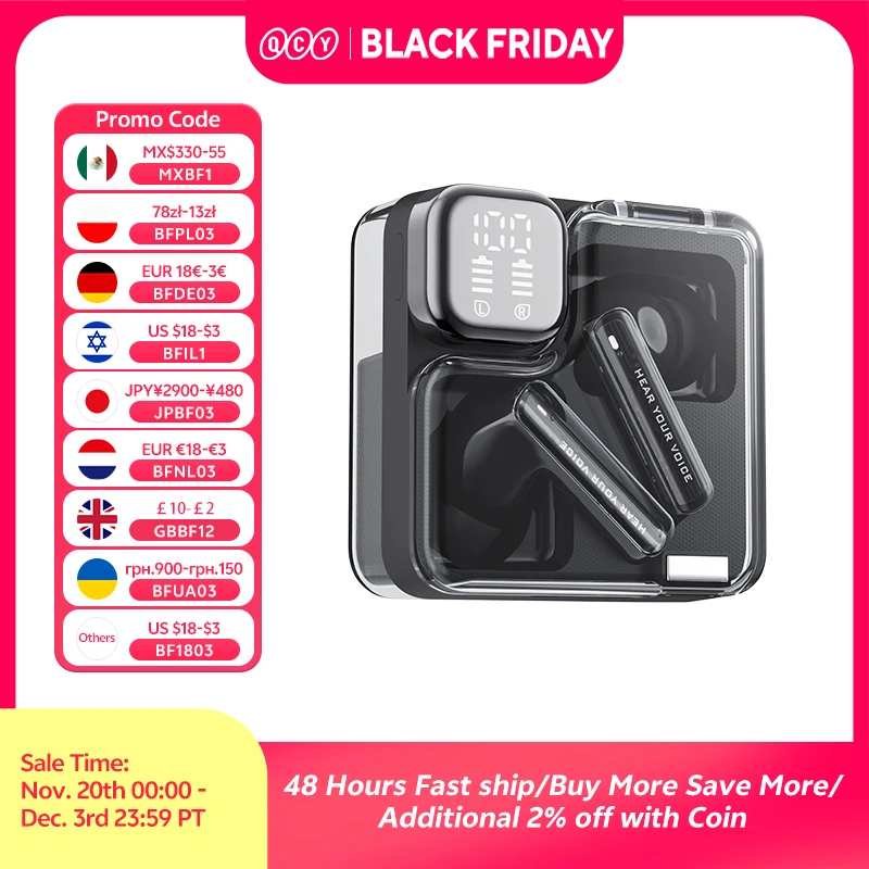 QCY MeloBuds Neo Écouteurs sans fil Bluetooth 5.3 Affichage numérique à LED Écouteurs TWS transparents Casque à double connexion