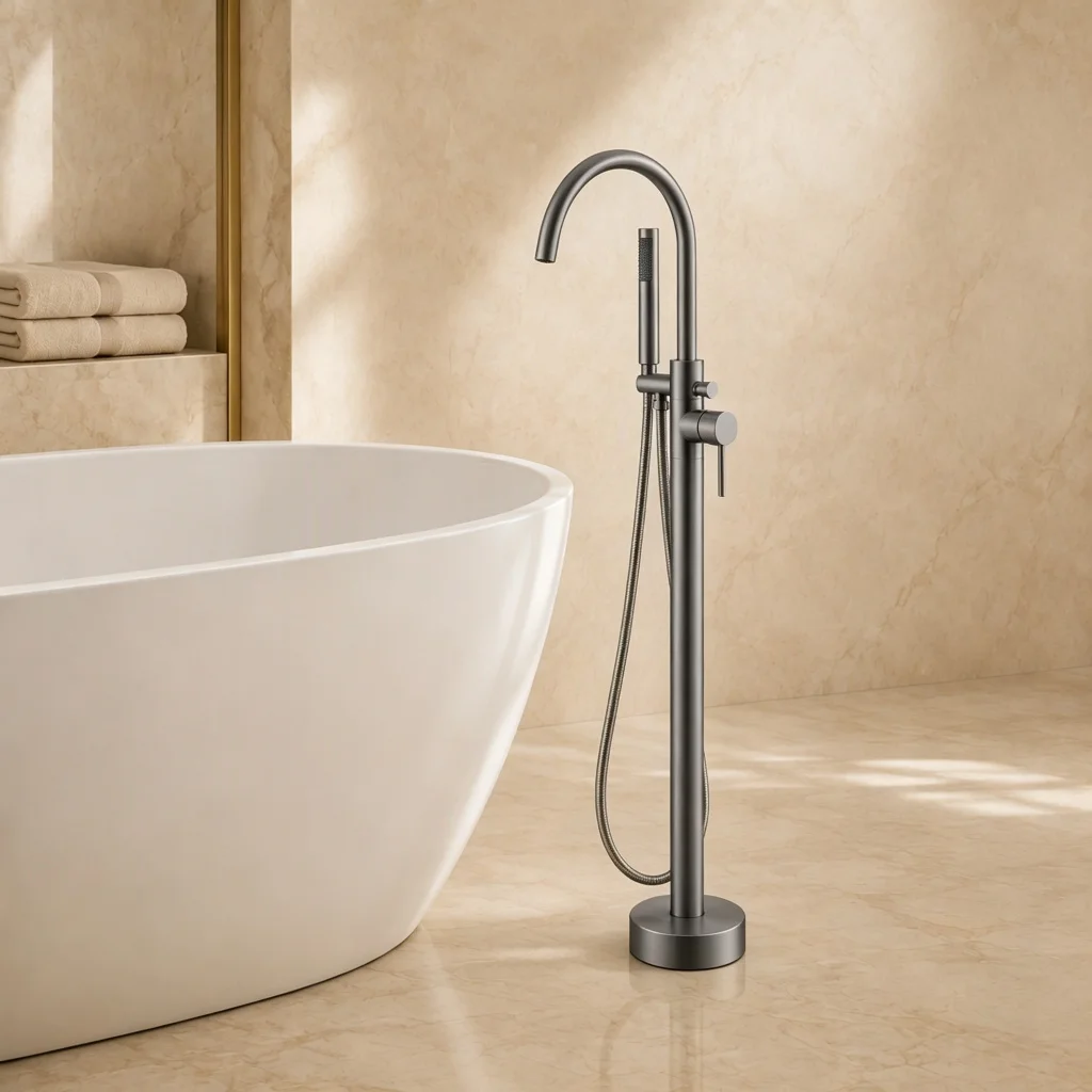 Modern floor-to-ceiling bathtub faucet with massage nozzle and hand-held shower.