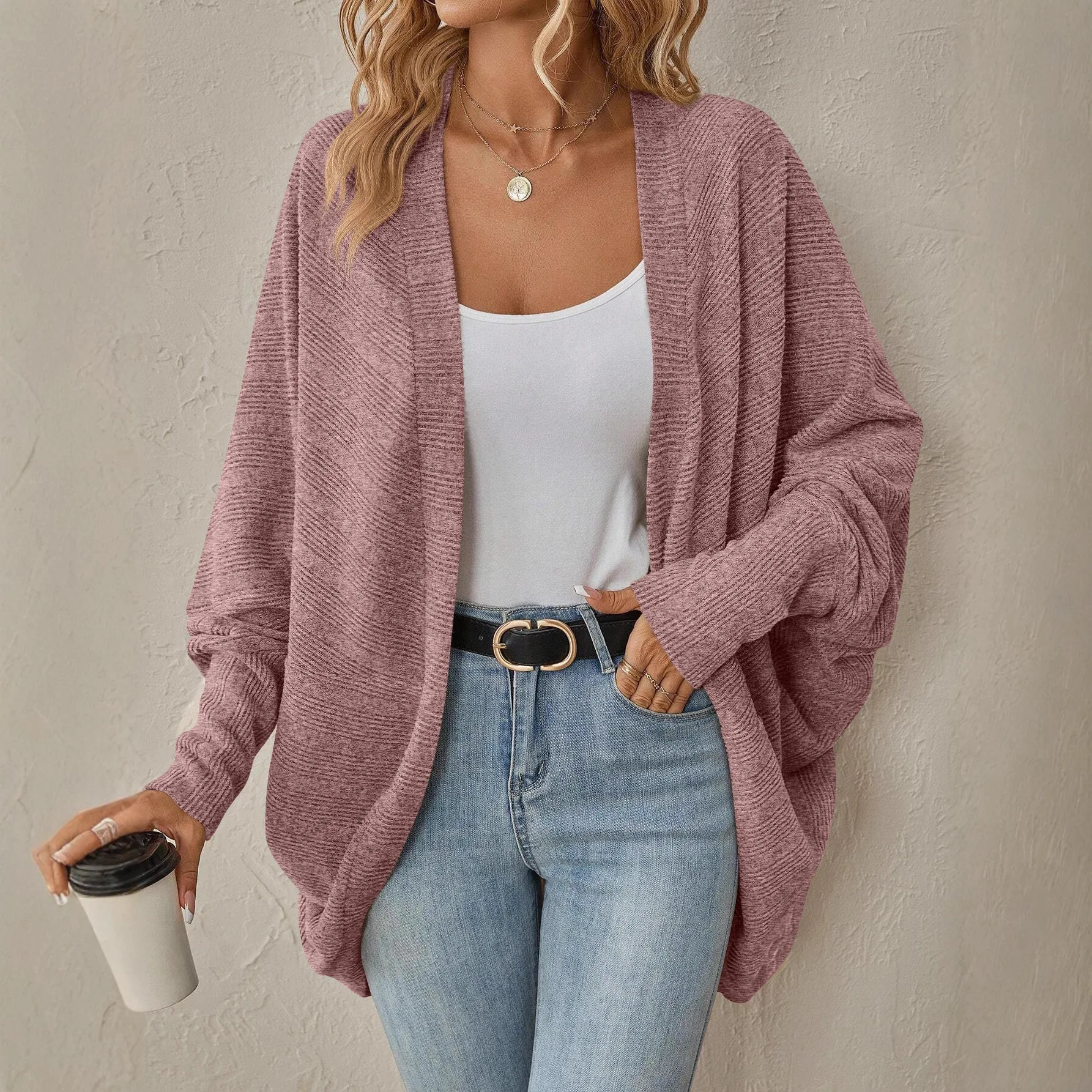 

Cardigan Open Front Batwing Sleeve Knit Cardigan, Loose Fit Solid Color Casual Warm for Autumn Winter Clothes Woman