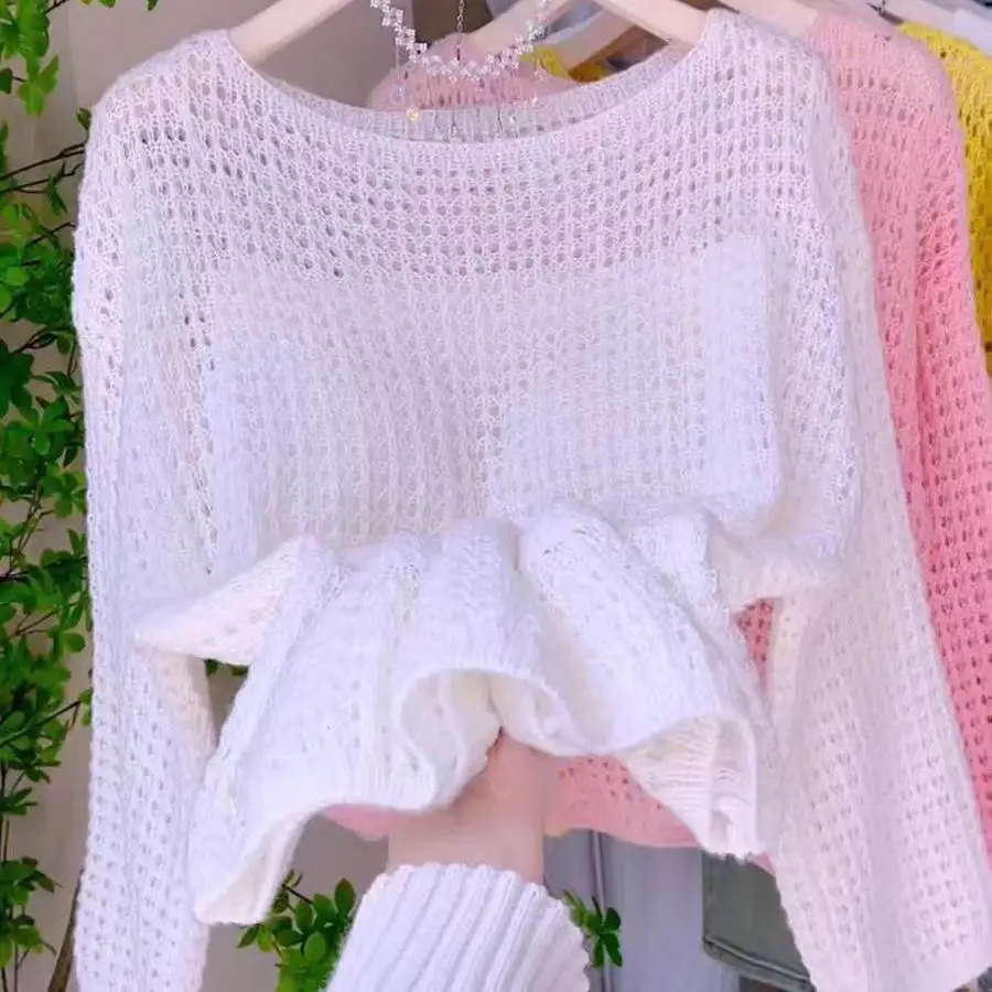 Señoras finas ahuecadas de punto cubrir primavera novedad de verano Sle suelta coreana Faion Long Sve protección solar Top