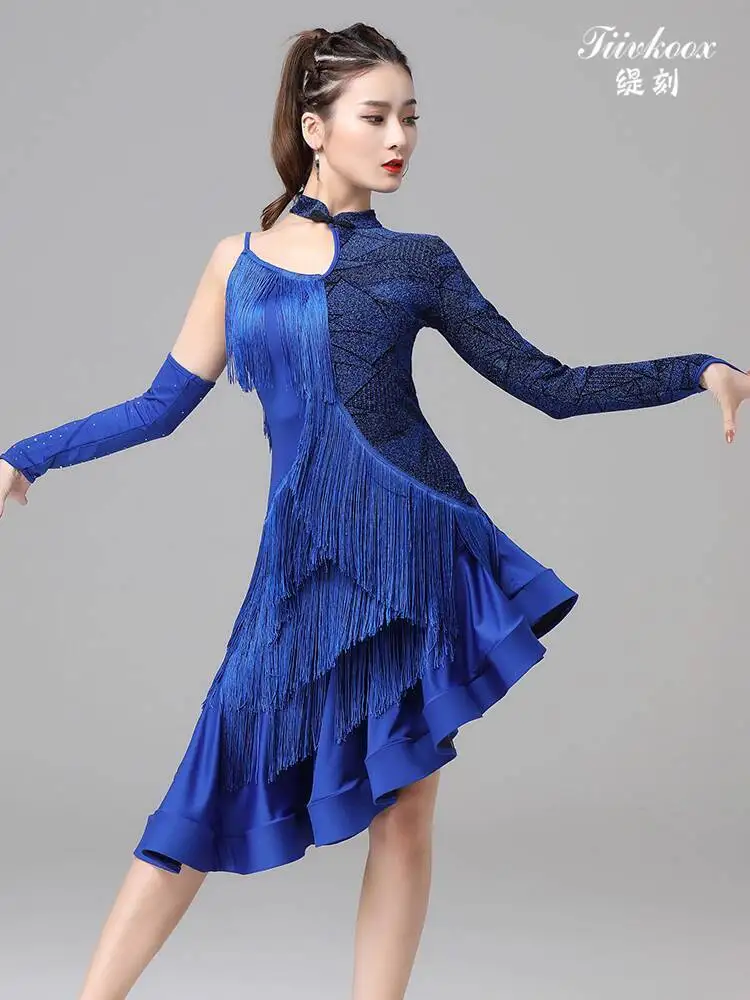 Costume da ballo latino Costume da spettacolo Nuovo modello Ballo da sala Gruppo femminile Concorso professionale Abito da ballo sexy con frange