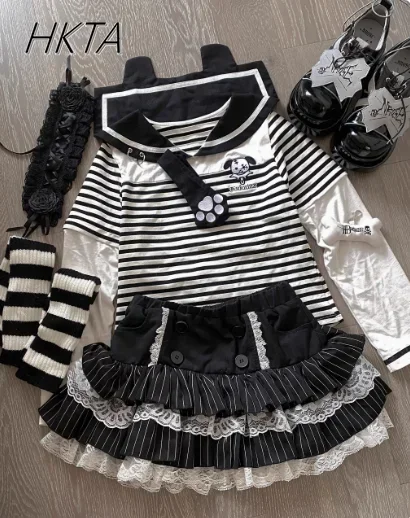 Japanese Subculture Striped Navy Collar Long-sleeve T-shirt Women Cat Claw Tie High Waist Skirt Set Lolita Skirt Two-piece Sets