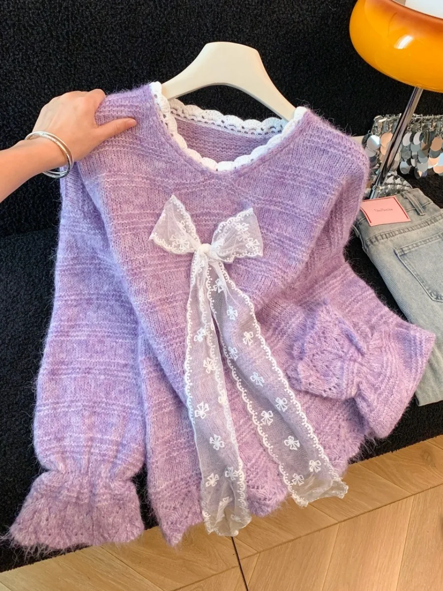 

Lace Knot Knitted Sweater Women's Loose Sle Autumn Winter Self-Kept Design Korean Version Long Sve round Ne