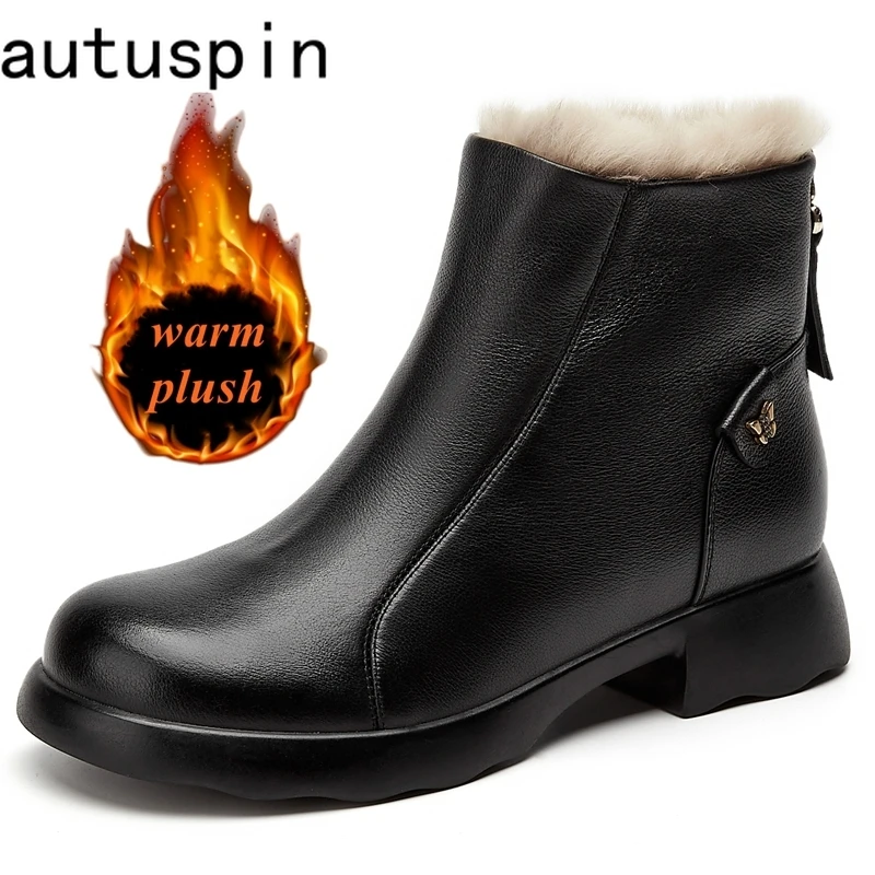 

AUTUSPIN Genuine Cow Leather Women Boots Fashion Black Shoes Winter Female Office Working Warm Botas Ladies Leisure Formal Shoes