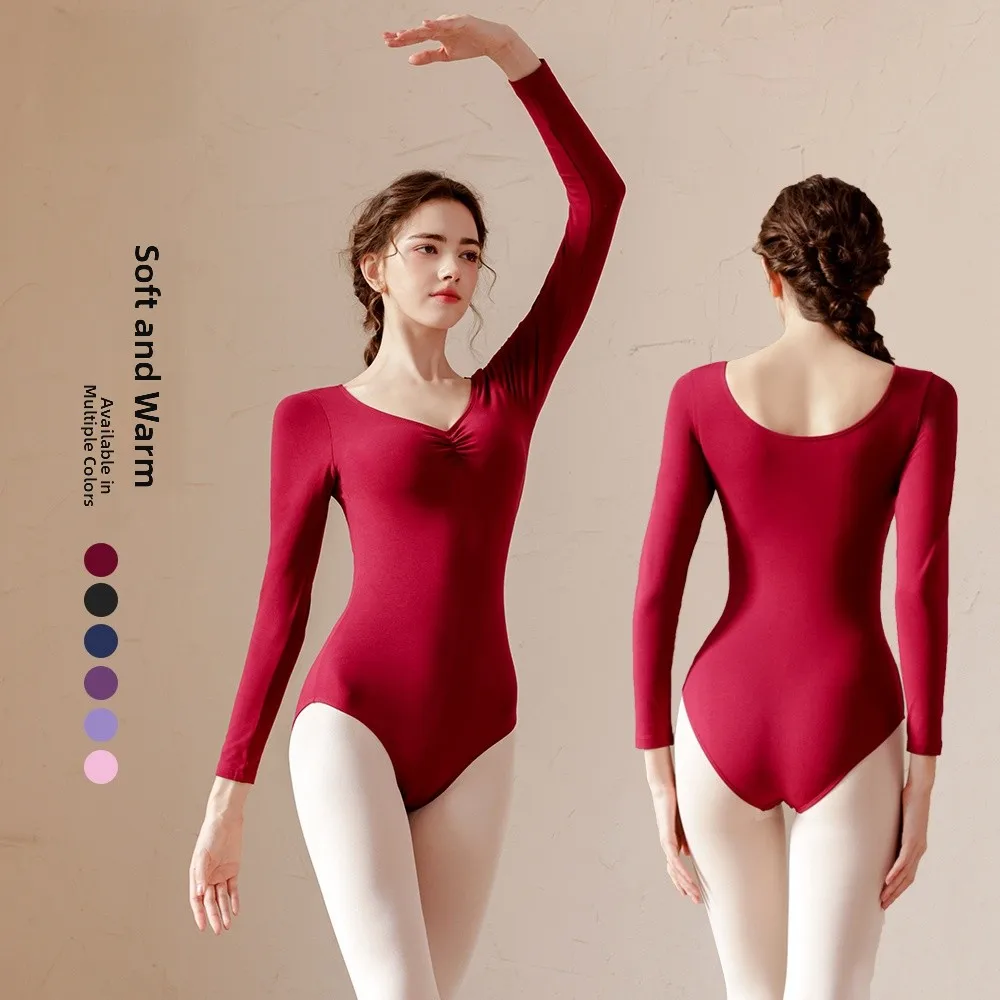 

Балетный тренировочный комбинезон с длинным рукавом и V-образным вырезом для женщин, современный костюм для занятий балетом, осень-весна
